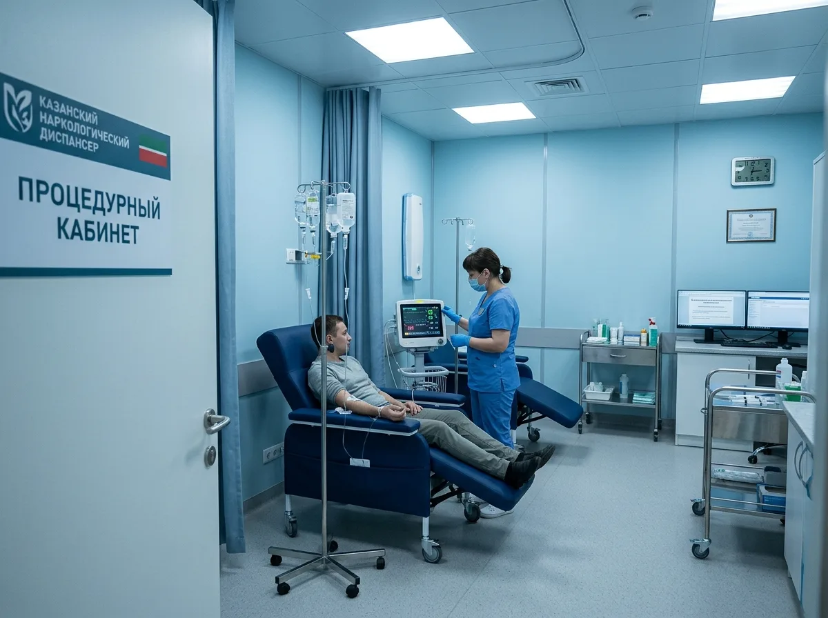 Медицинский кабинет наркологической клиники в Казани, капельницы, современное оборудование, синий тон