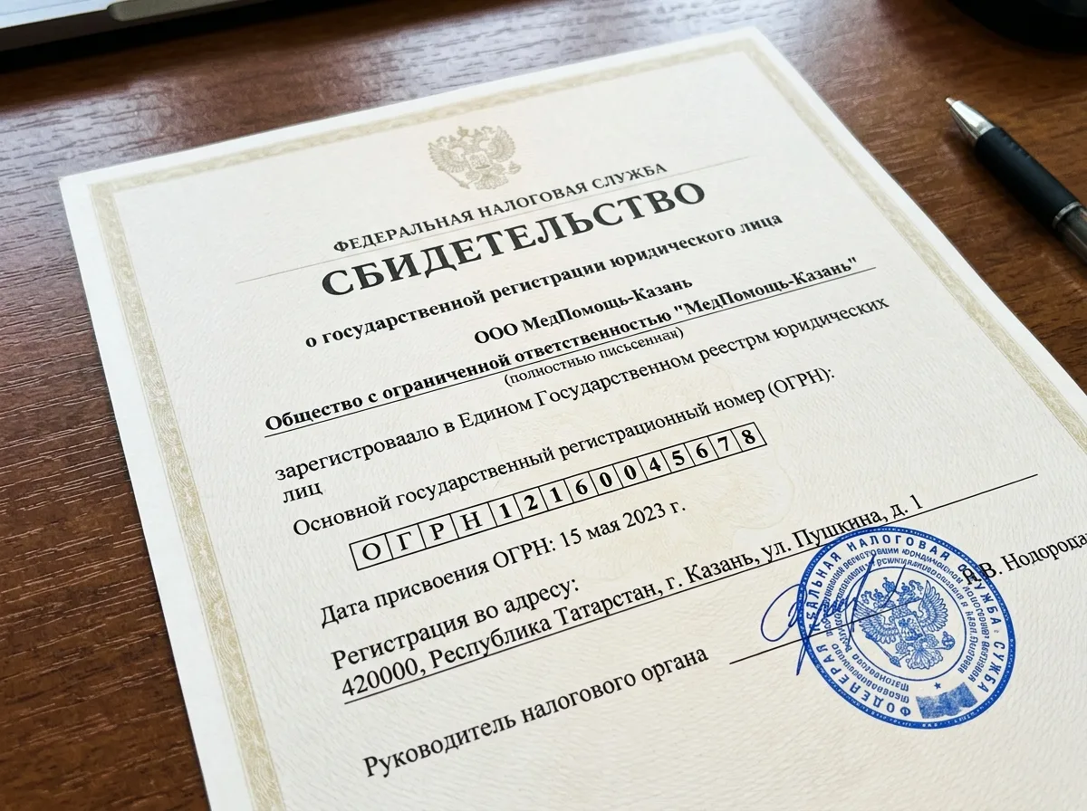 Свидетельство о государственной регистрации юридического лица ООО МедПомощь-Казань, ОГРН, официальный документ ФНС России